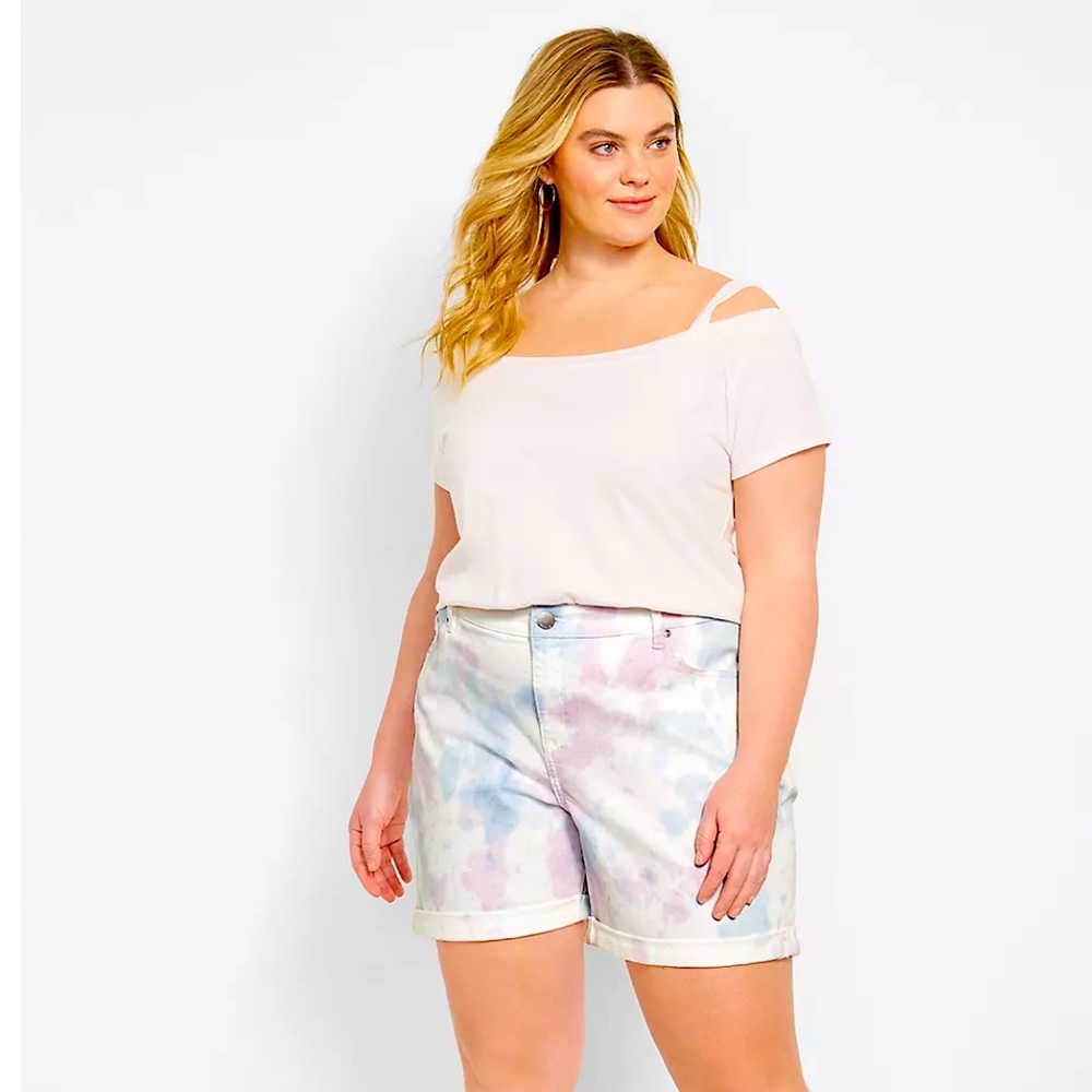 Lane Bryant Tie Dye Signature Fit Boyfriend Midi Denim Shorts